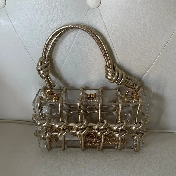 Gold Braided, Gold chain, Two Way Box Clutch & Shoulder Bag, Transparent bag. Mini Bags